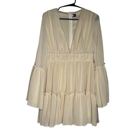 Missord Cream Long Sleeve V-Neck Mini Dress With Ruffle Hem size medium - Picture 3 of 6